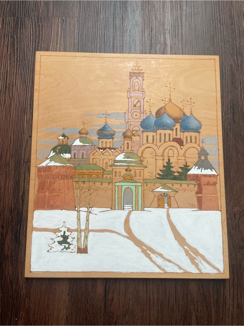 VTG Zagorsk Russian Church Scene Carved Handmade Hand Painted Wooden 13.5x11.5”
